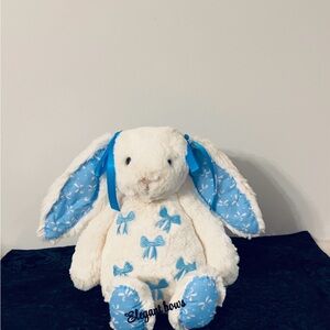 Jellycat custom made blue bunny with blue satin bows in her ears Medium size